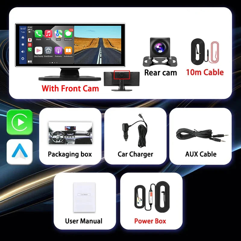 Universal 11.26" 4K Front Cam Car DVR Wireless Carplay Android Auto Video Recorder QLED Screen WIFI AUX FM Dual Lens GPS